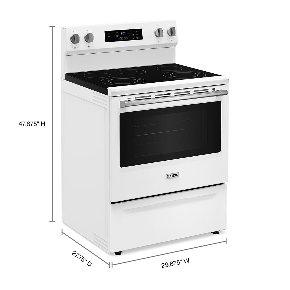 White freestanding smooth-top electric range with digital controls and four heating elements from kitchen appliances collection