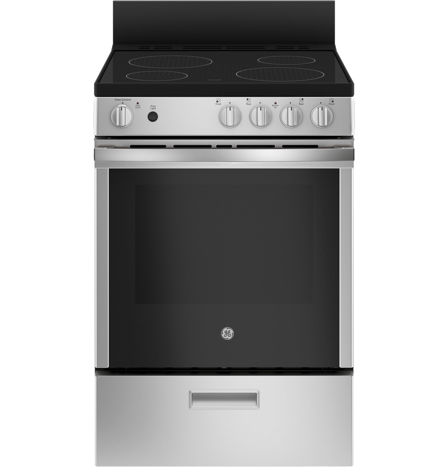 Stainless steel free-standing range with smooth black glass induction cooktop and front control knobs for kitchen appliances