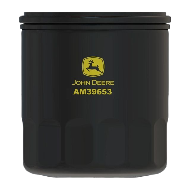 Black John Deere AM39653 transaxle oil filter with yellow logo for automotive fluids and lubricants collections