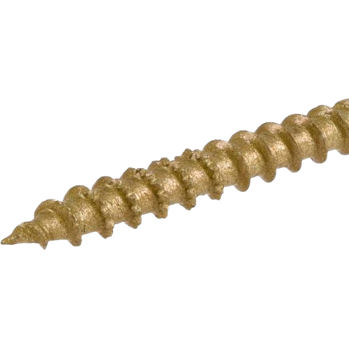 Close-up of gold-toned external wood screw with coarse threads for outdoor home improvement and hardware projects