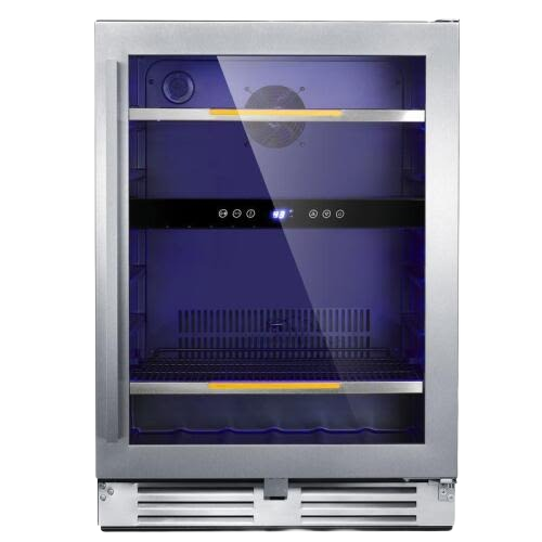 Compact beverage center with stainless steel frame, glass door, digital controls, and internal LED lighting from Appliances collection
