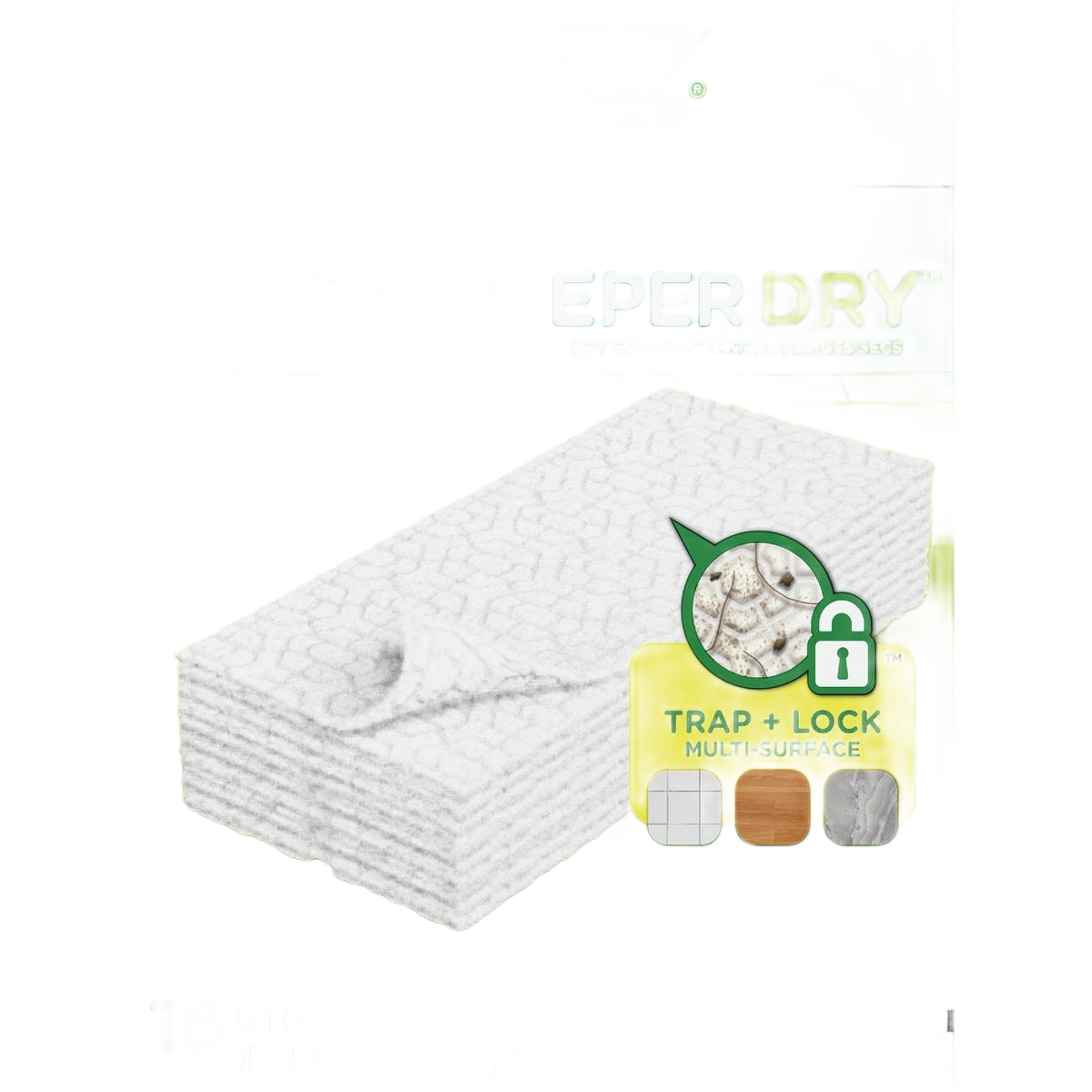 Stack of textured dry cloth mop refills with multi-surface trap and lock design for cleaning tools collection