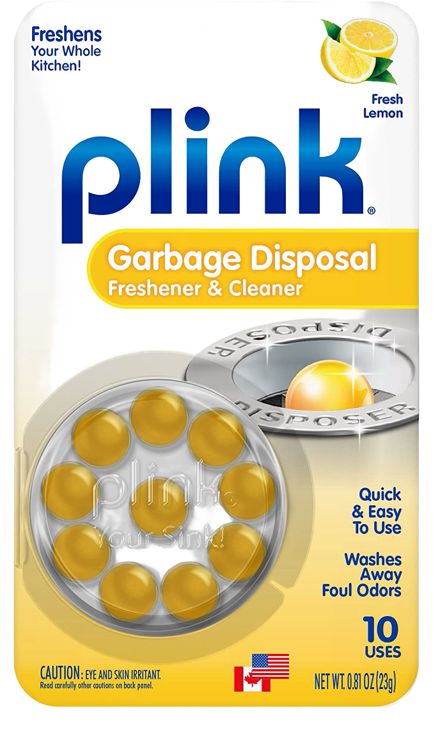Plink garbage disposal cleaner and freshener with lemon scent, designed for easy odor removal and cleaning in kitchens