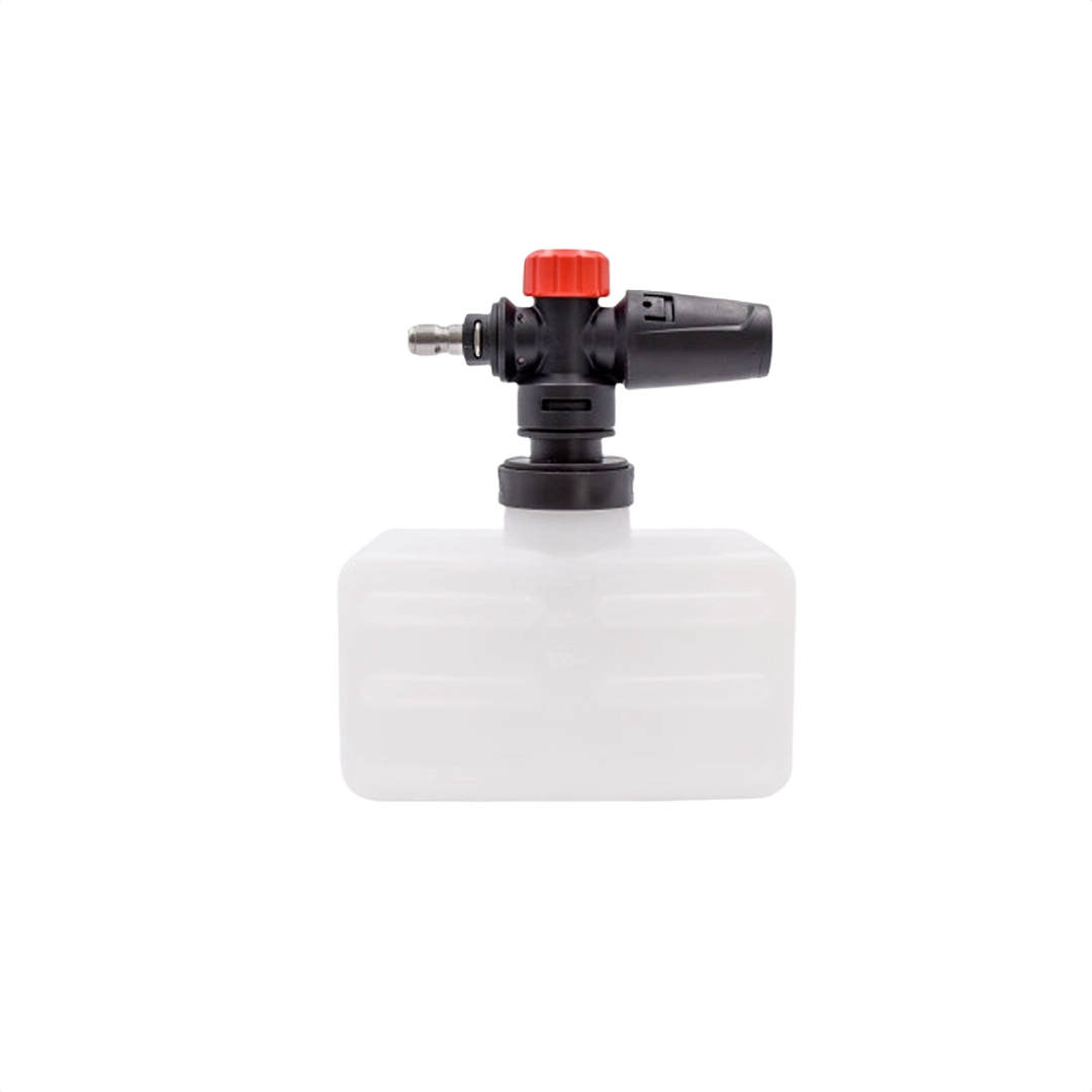 Foam cannon with black nozzle and red adjustment knob attached to white plastic soap container for cleaning tools and home use