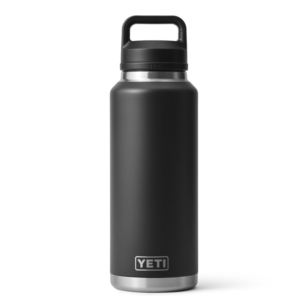 Black stainless steel 46 oz bottle with chug cap, designed for drinkware and kitchenware collections under $100
