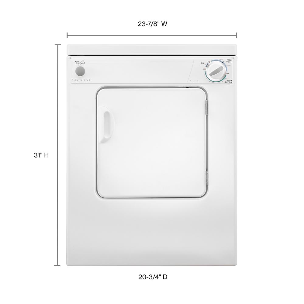 White compact front load dryer with control knob and flexible installation, shown with dimensions for space planning