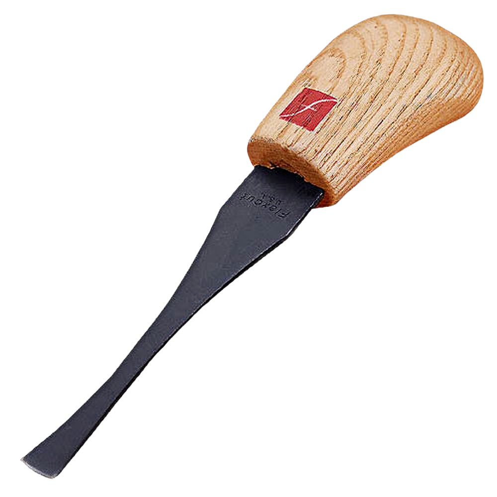 Woodworking palm carving tool with ergonomic wooden handle and curved steel blade for detailed wood sculpting projects