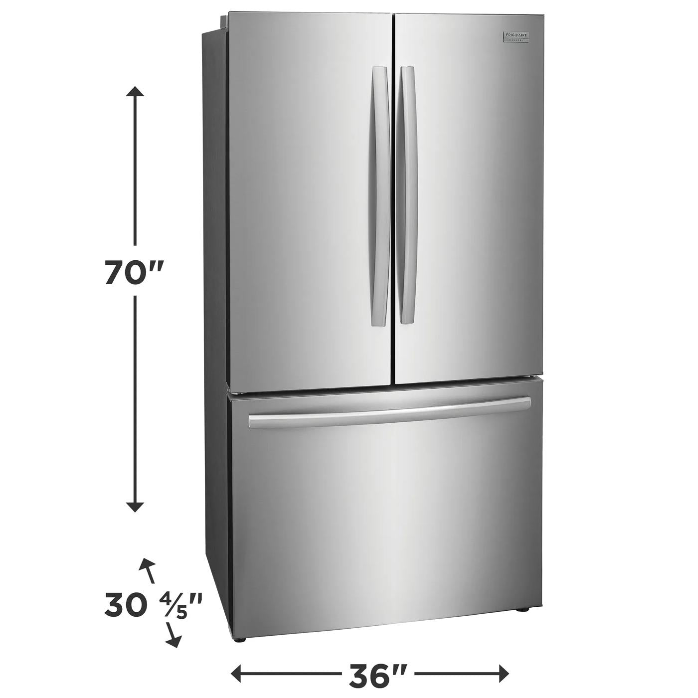 Stainless steel counter-depth French door refrigerator with bottom freezer and modern handles in appliances collection