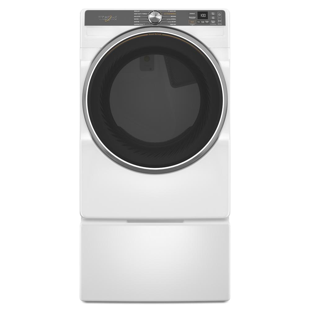 Front load gas dryer with digital control panel, large round door, and pedestal base in white finish for laundry appliance collection