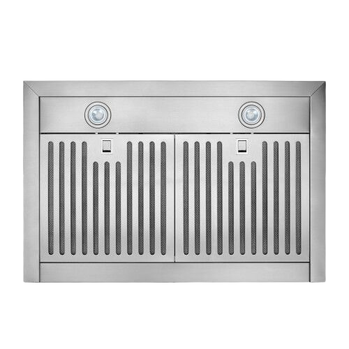Stainless steel pyramidal chimney hood insert with dual LED lights and mesh filters for kitchen ventilation and home improvement