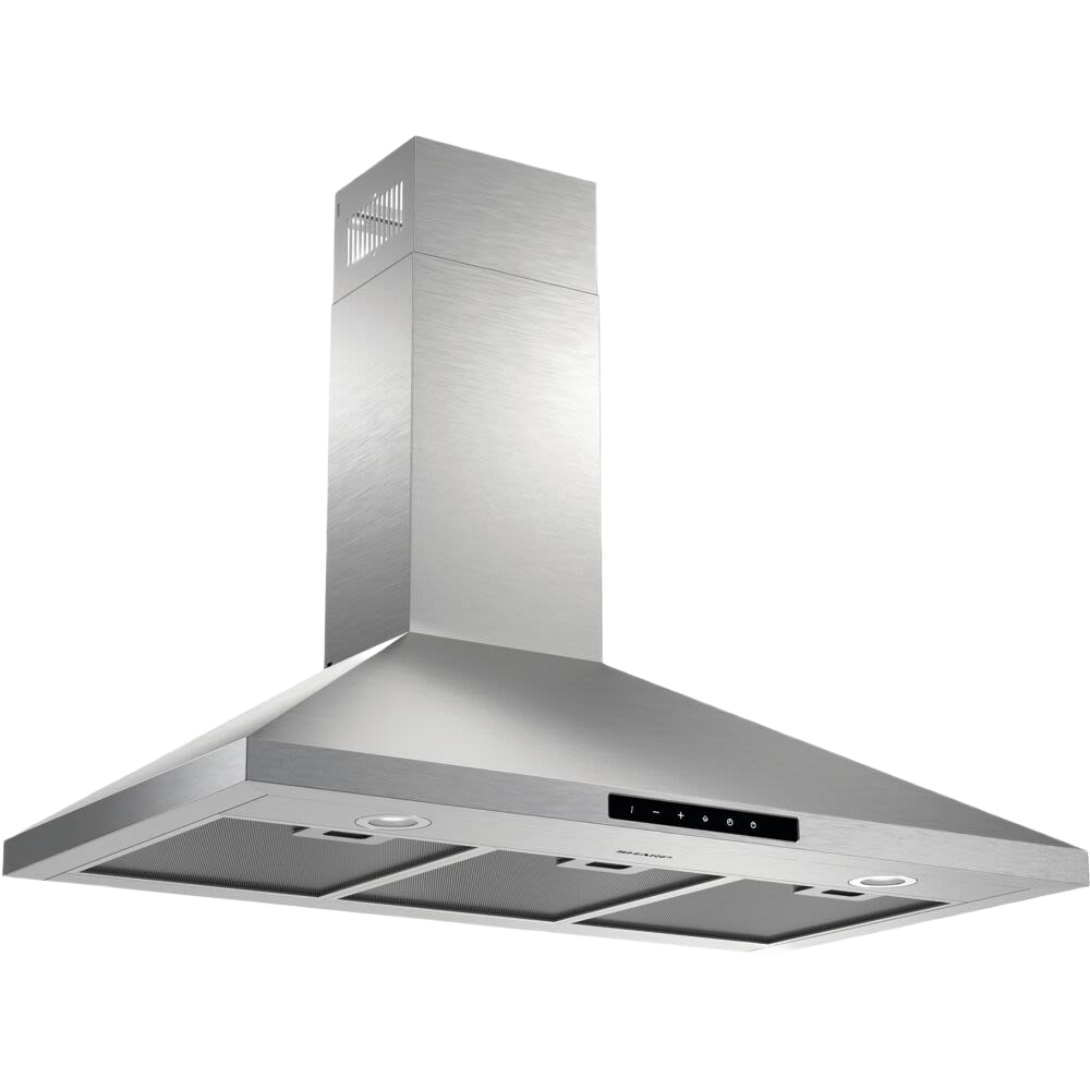 stainless steel wall-mounted chimney hood with digital control panel and LED lights in range hoods collection