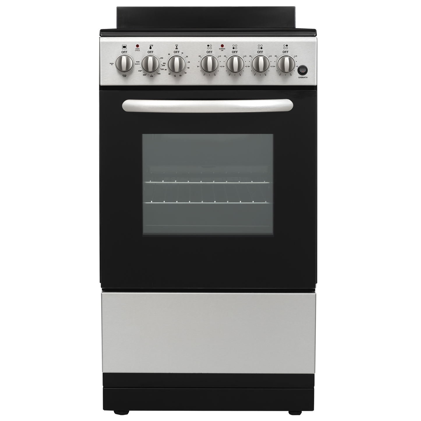 Compact electric range with stainless steel control panel, black oven door, two oven racks, part of kitchen appliances collection