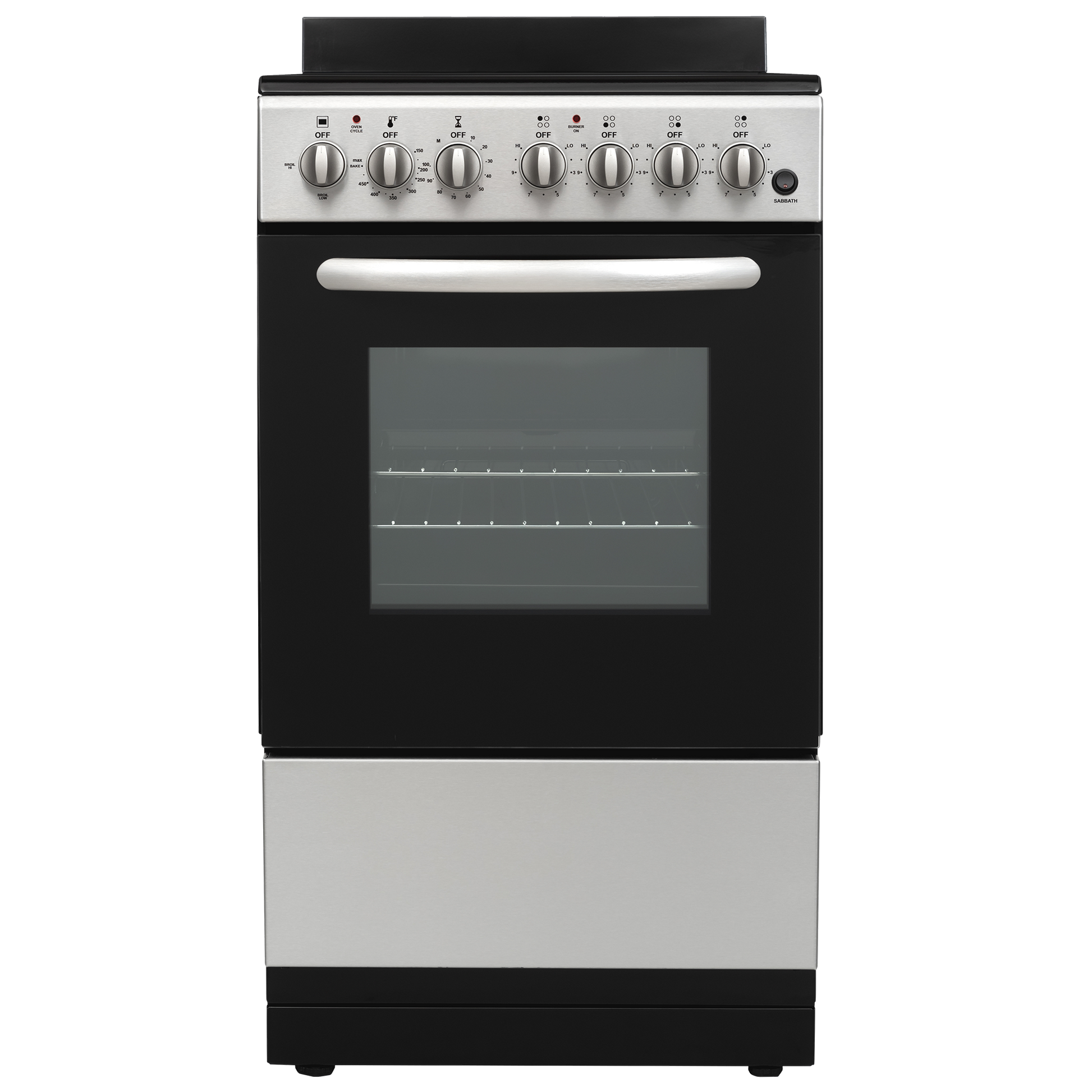 Compact electric range with stainless steel control panel, black oven door, two oven racks, part of kitchen appliances collection