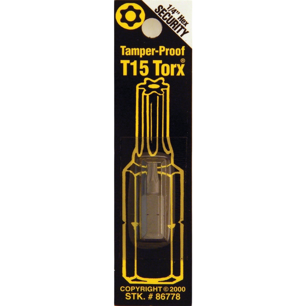 Tamper-proof T15 Torx security bit in yellow and black packaging for tool accessories and home improvement collections