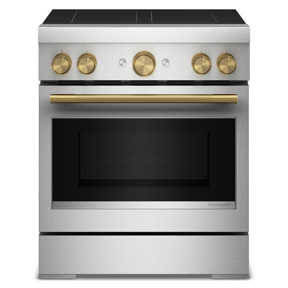 Stainless steel induction range with four elements, gold-tone knobs and handle, in KitchenAid appliances collection