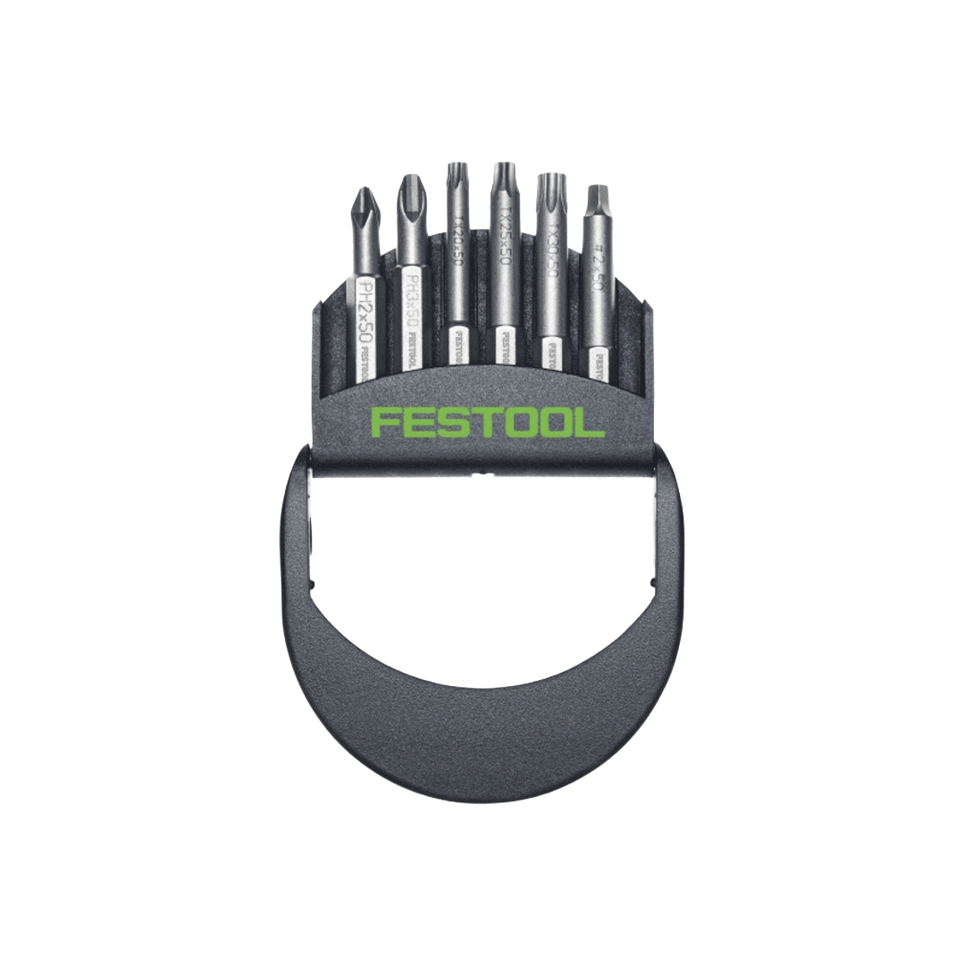 Compact bit cassette with six impact-rated screwdriver bits in a black holder for power tool accessories and home improvement tasks