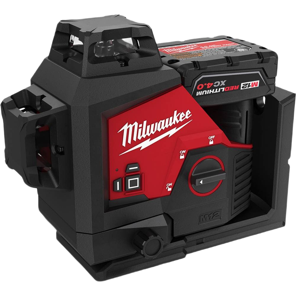 Red and black Milwaukee cordless laser level tool with M12 REDLITHIUM 4.0 XC battery for woodworking and measuring tasks