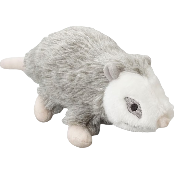 Gray and white plush woodland possum dog toy designed for durability in the pet and animal toys collection under $50