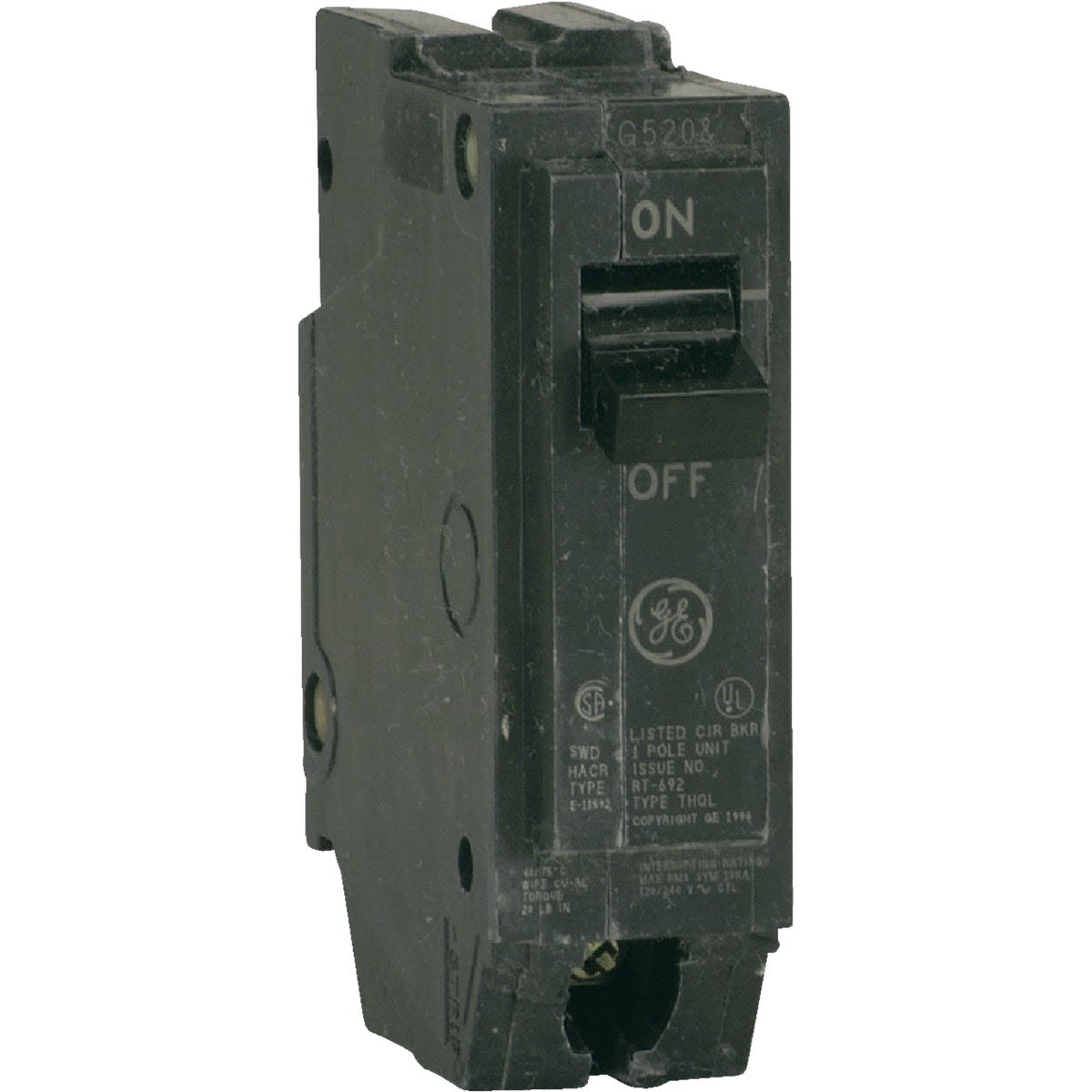 Black single-pole circuit breaker with toggle switch for home improvement electrical panel use