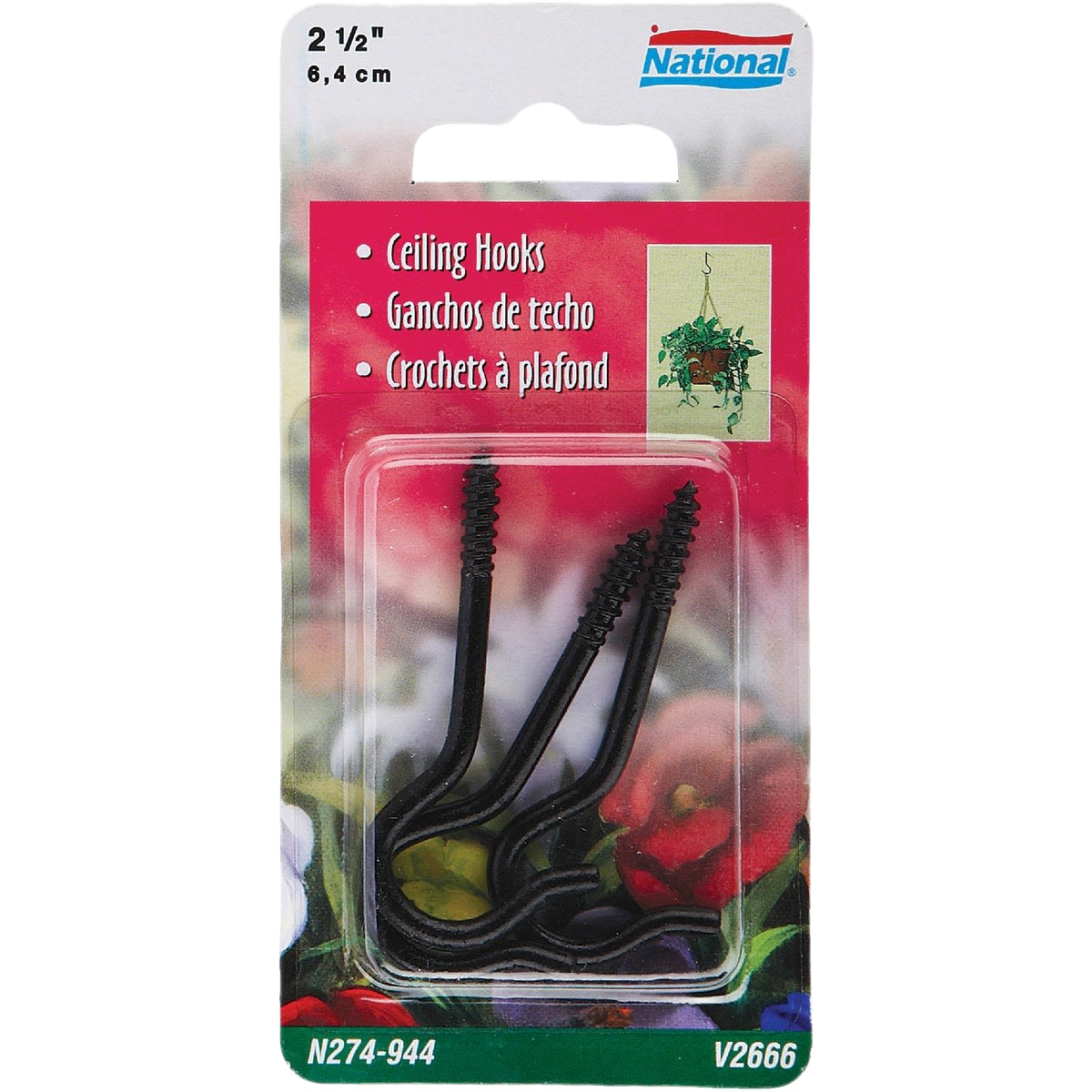 Pack of three black metal screw-in ceiling hooks for hanging plants or decor in home improvement projects