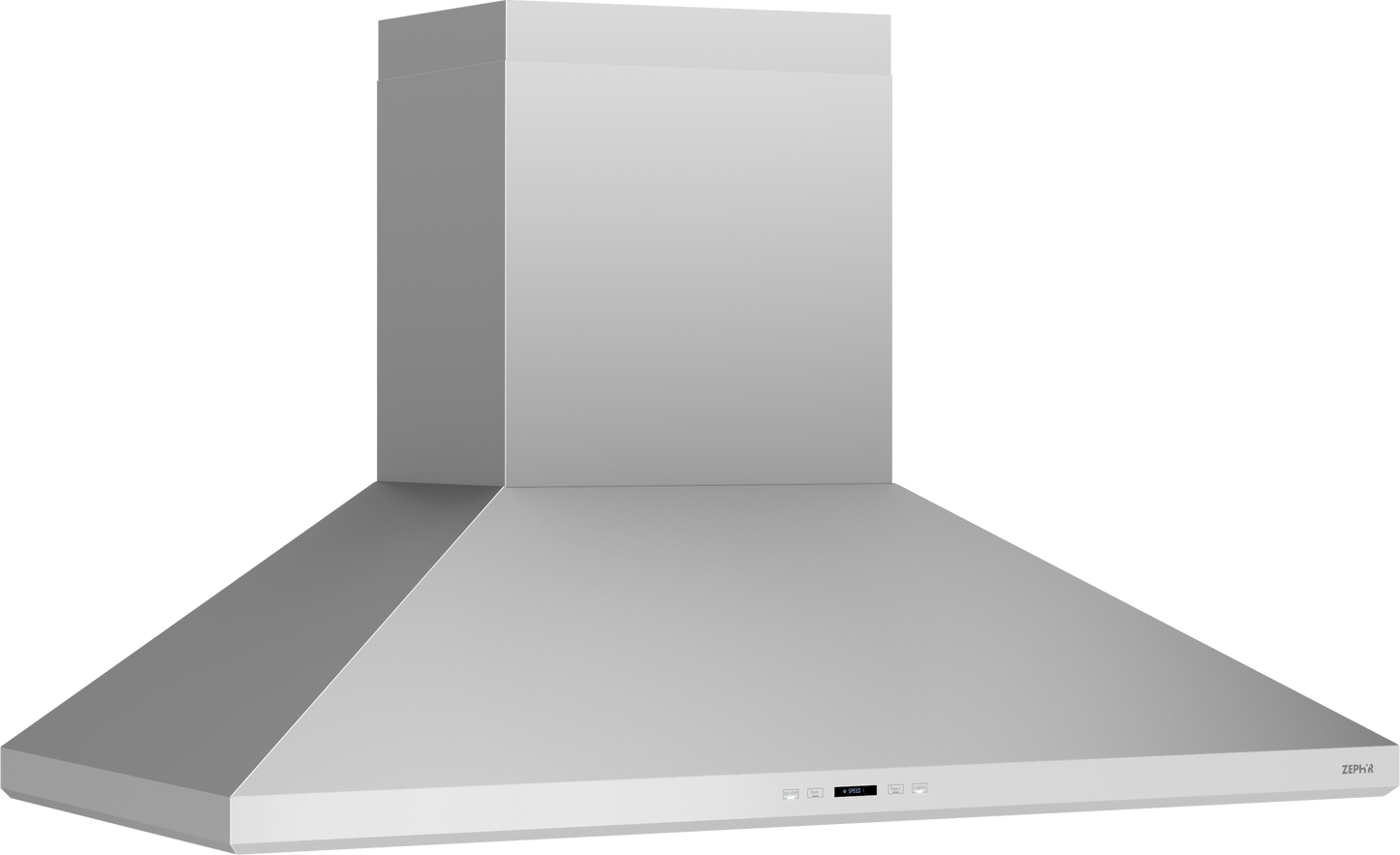 Polished stainless steel wall-mounted range hood with dual-level LED lighting for kitchen and home improvement use