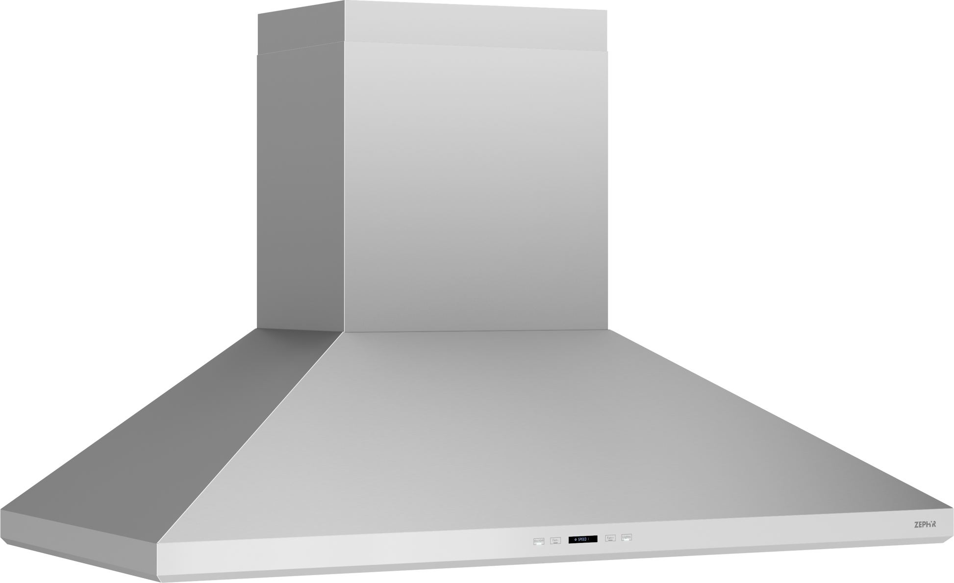 Polished stainless steel wall-mounted range hood with dual-level LED lighting for kitchen and home improvement use