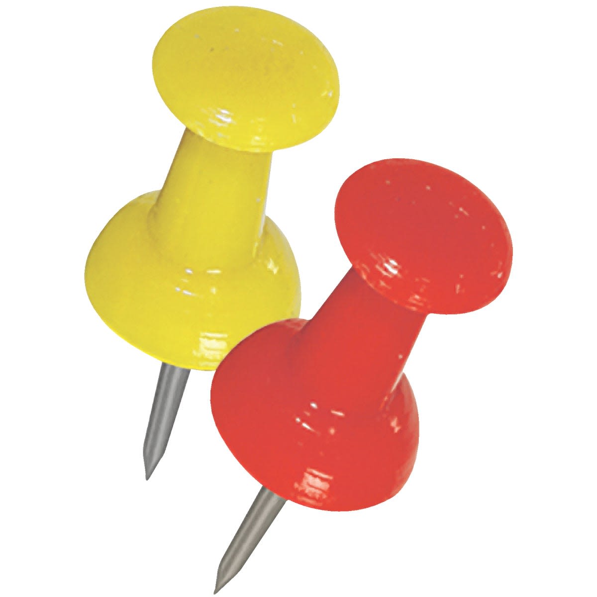 Yellow and red push pins with plastic heads and steel points for fasteners in hardware and home improvement collections
