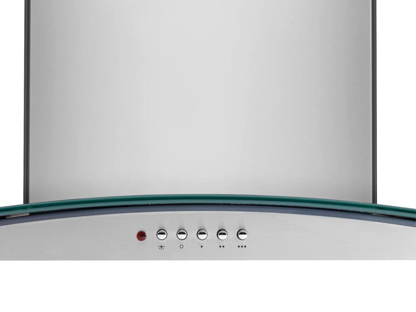 Curved glass canopy hood with stainless steel body and control buttons in kitchen appliances and range hoods collection
