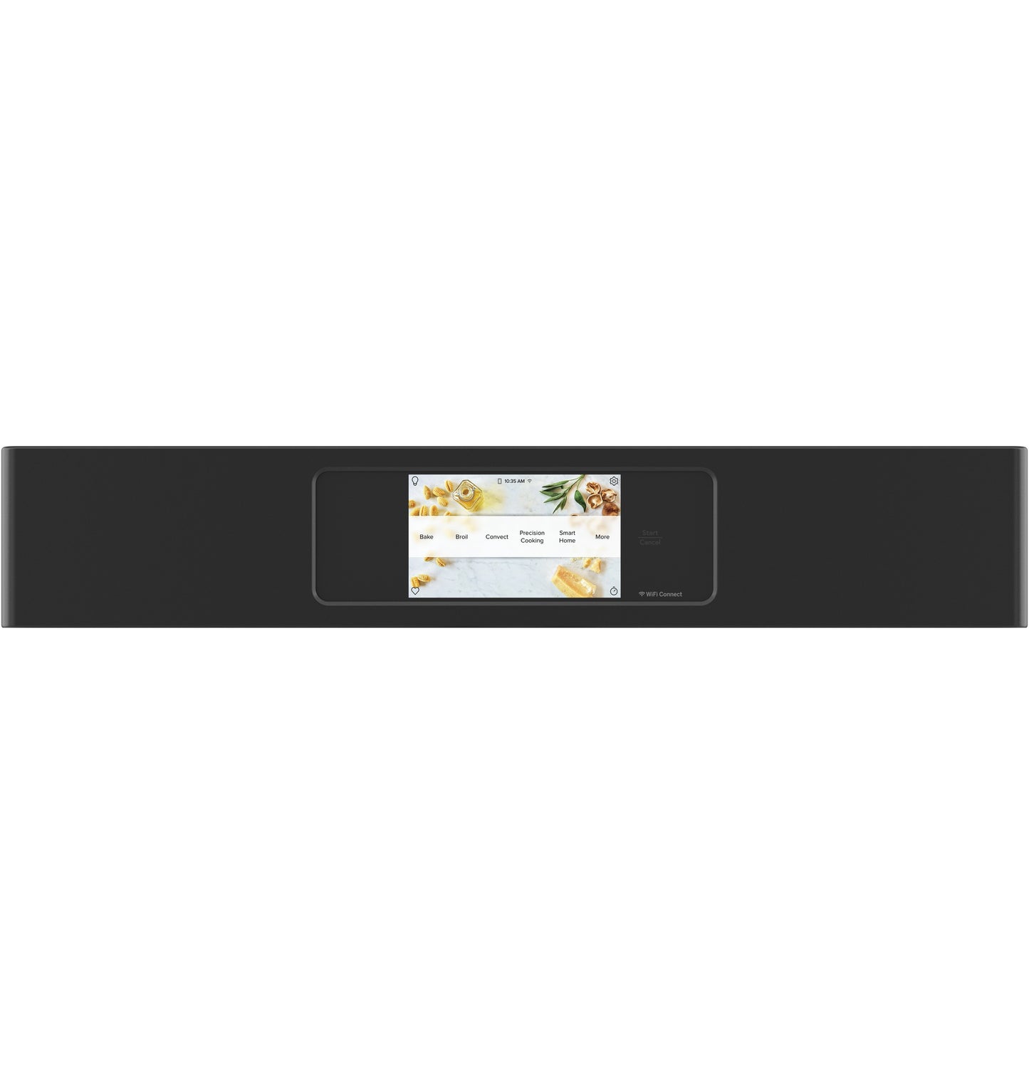 Black control panel with full-color touchscreen showing cooking options in single wall ovens and kitchen appliances collection