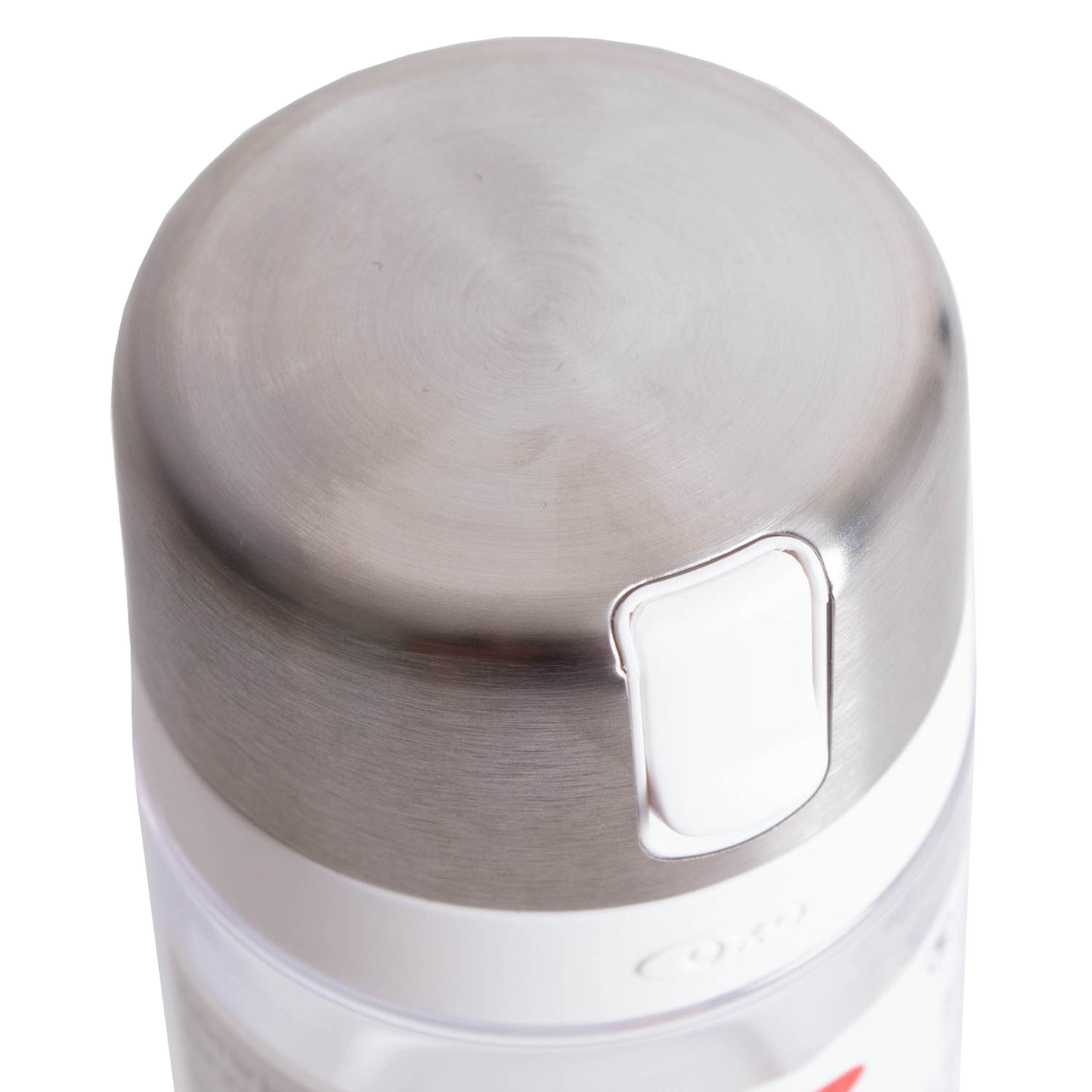 Top view of stainless steel lid with white flip-top on clear kitchen sugar dispenser for organized food storage