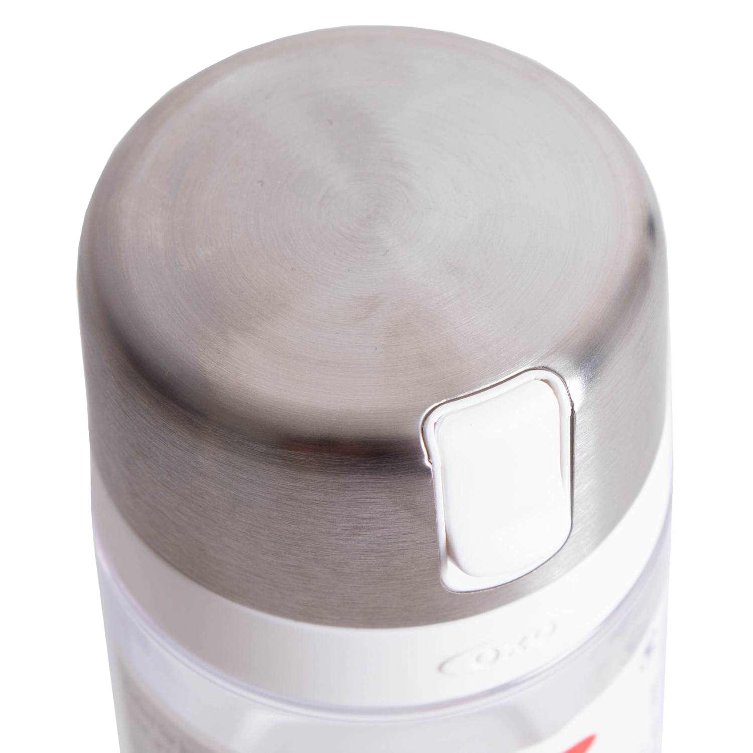 Top view of stainless steel lid with white flip-top on clear kitchen sugar dispenser for organized food storage