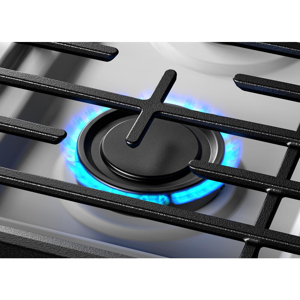 Close-up of a blue gas burner flame on a stainless steel cooktop from the ranges and kitchenware collection