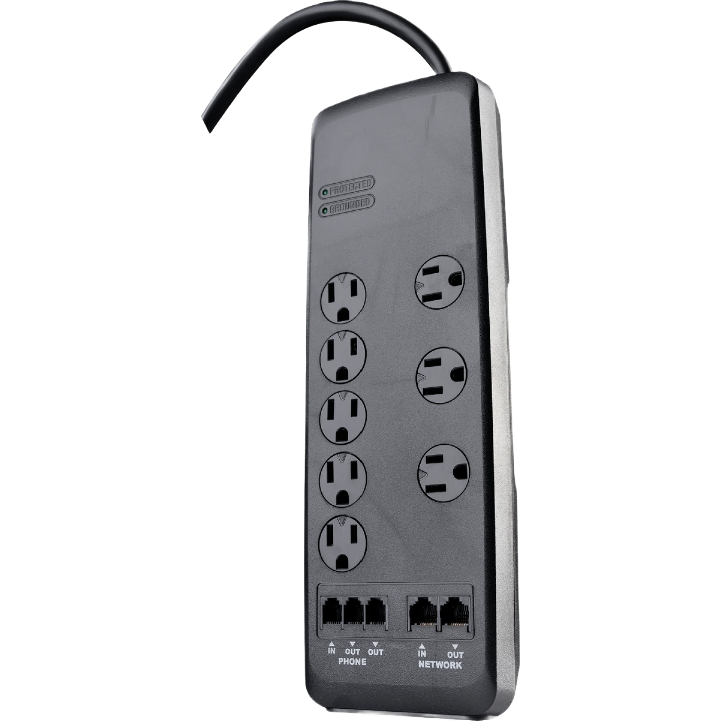 Black surge protector strip with eight outlets, phone and network line protection for home improvement use
