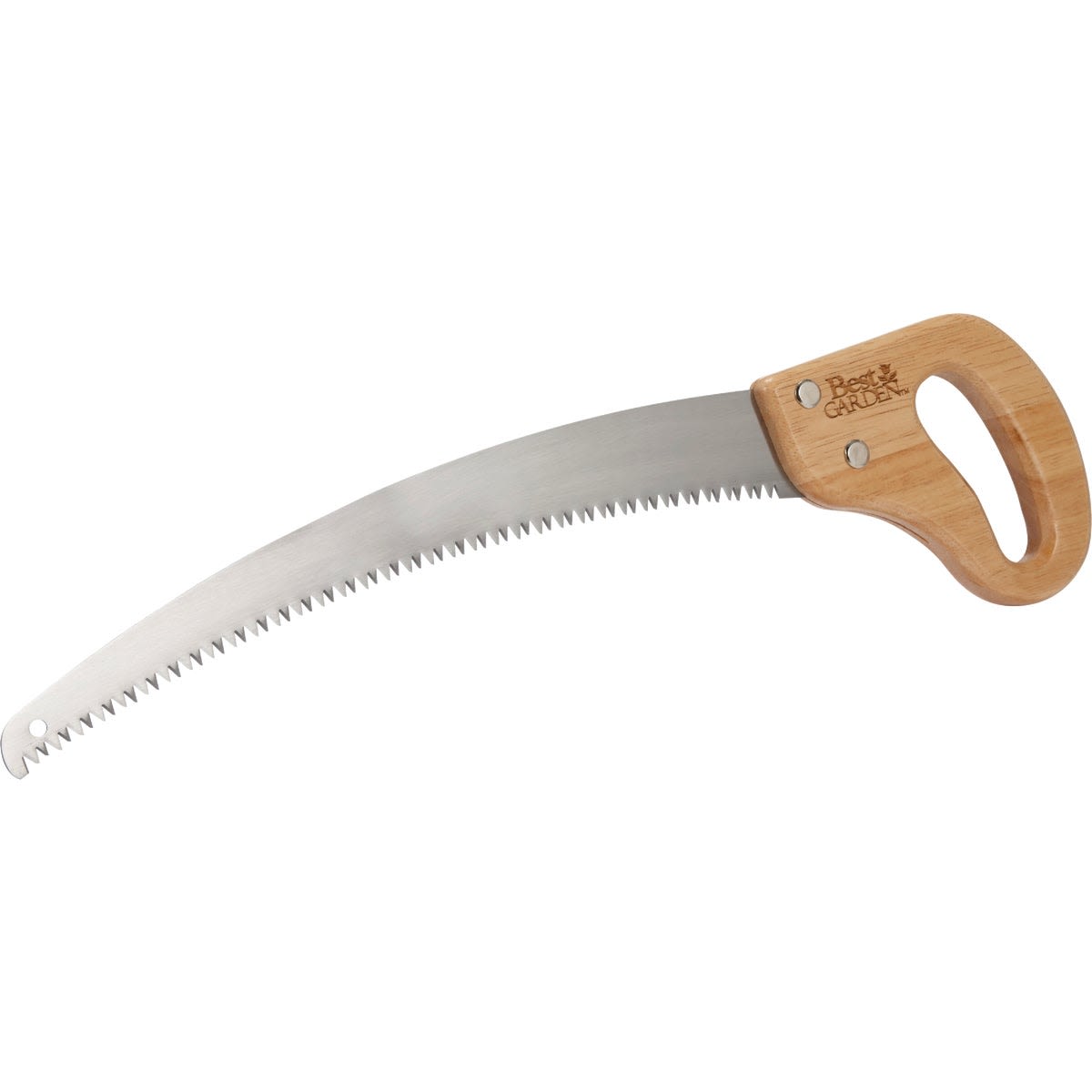 Curved pruning saw with wooden loop handle and sharp steel blade for precision cutting in home improvement tasks