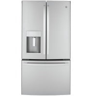 Stainless steel French-door refrigerator with bottom freezer and built-in water dispenser for kitchen appliances collection