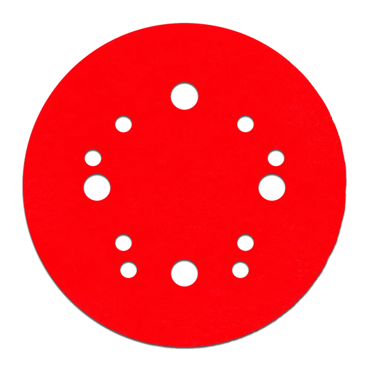Red 5-inch sanding disc with multiple ventilation holes for power sanding tools and home improvement projects