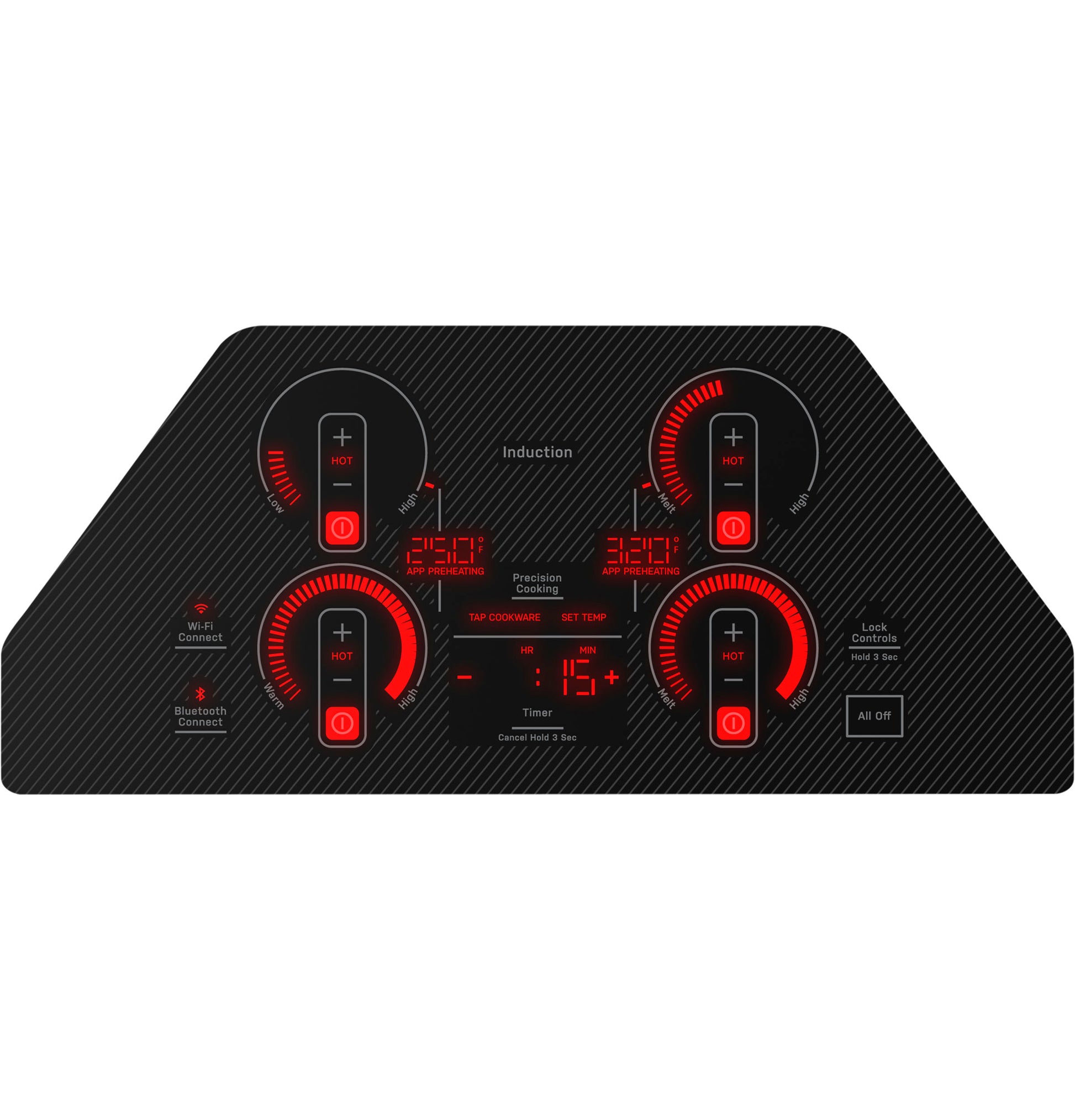 Black touch control panel with digital displays and four circular heating zones from GE induction cooktop collection
