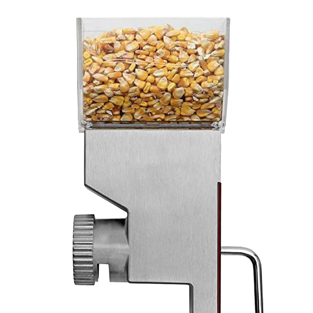 Stainless steel grain mill with clear hopper filled with corn kernels for small kitchen appliances and kitchen gadgets collection