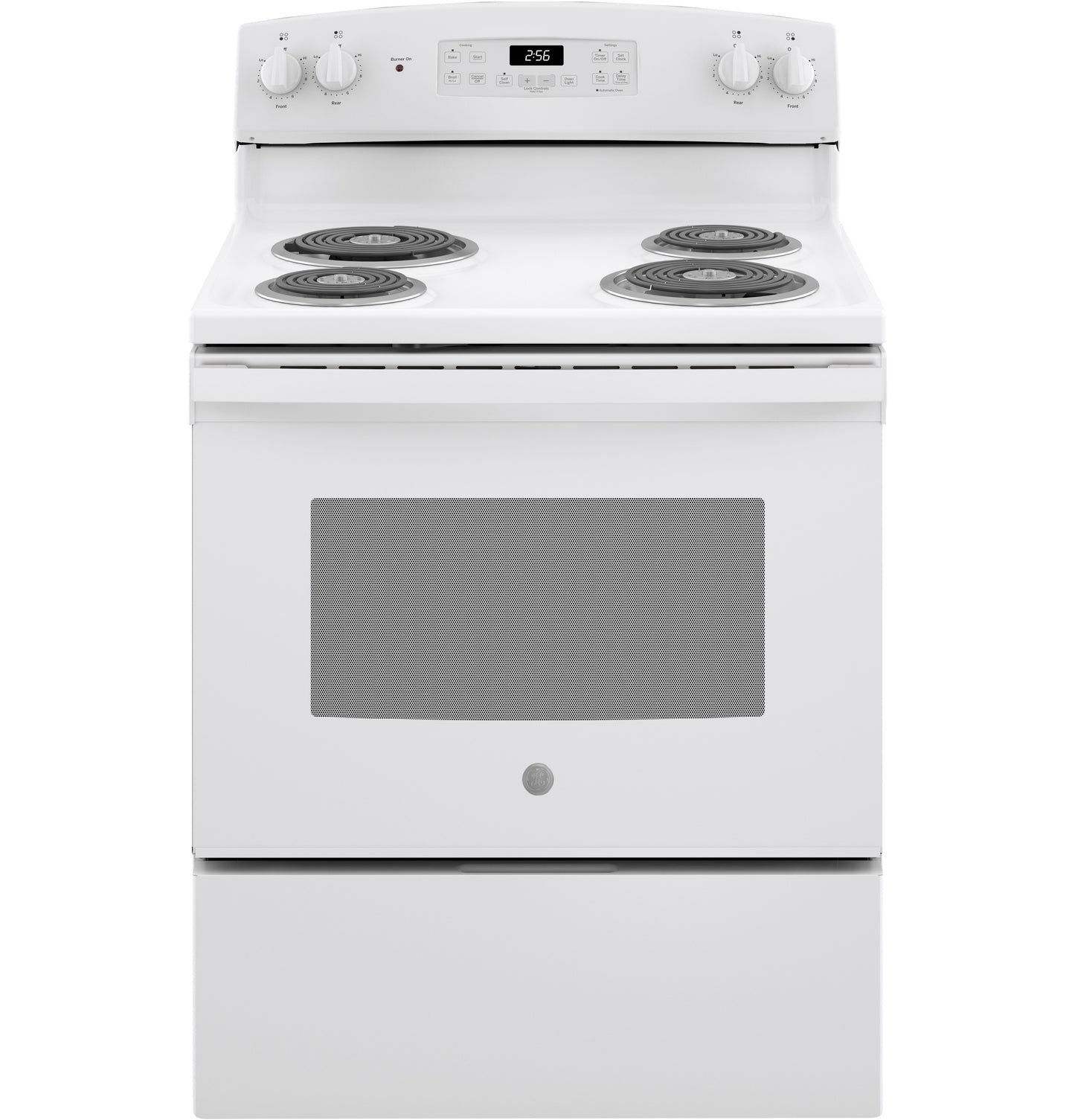 White free-standing electric range with four coil burners, control knobs, and a digital display in electric ranges collection