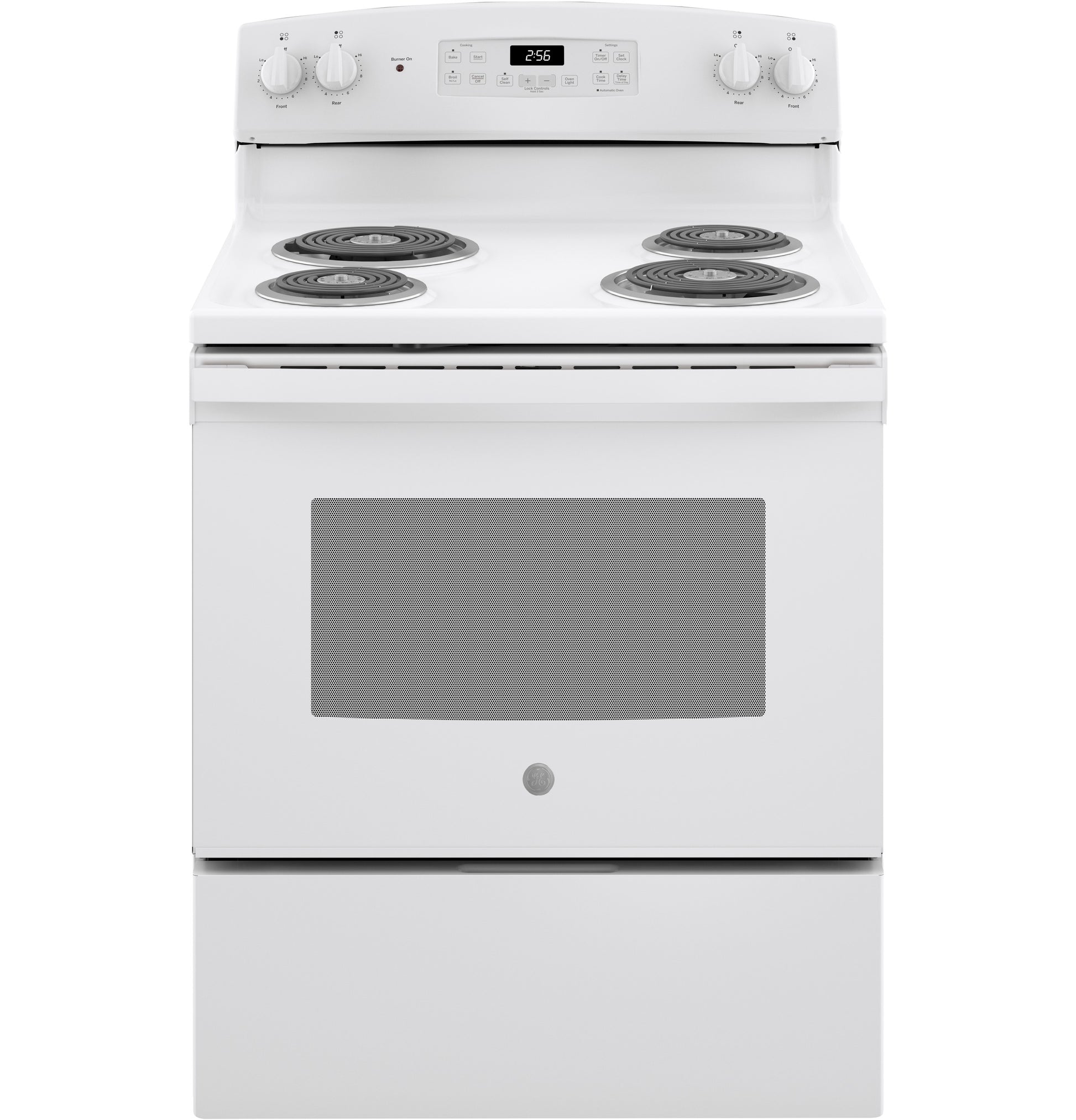 White free-standing electric range with four coil burners, control knobs, and a digital display in electric ranges collection