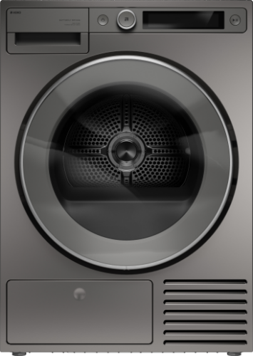 Front view of a titanium finish tumble dryer with large circular door, control knob, and digital display, suitable for Dryers and Appliances collections.