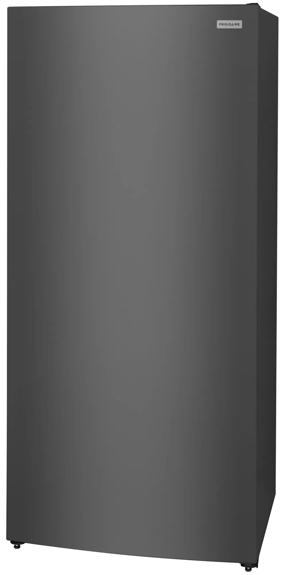 Sleek dark gray upright freezer with minimalist design, ideal for organized frozen food storage in kitchen appliances collection