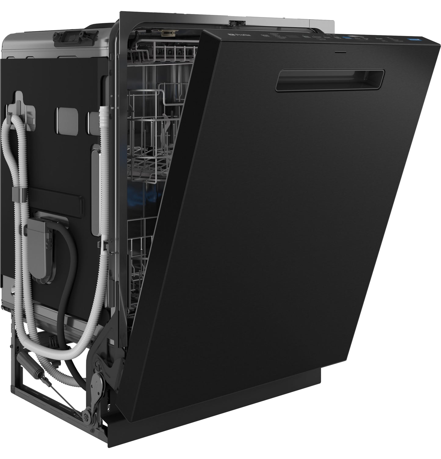 Black dishwasher with partially open door revealing adjustable racks and advanced interior features in Kitchen & Appliances collections