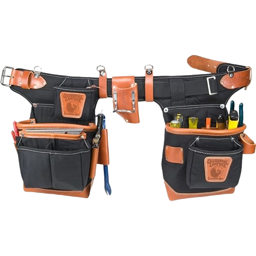 Black and brown heavy-duty Fat Lip tool bag set with multiple compartments for organizing hand tools and accessories