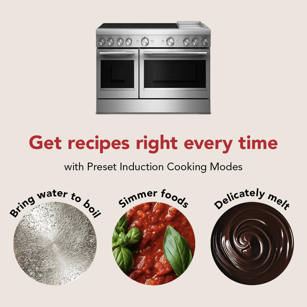 Stainless steel 48-inch 6-element induction range with dual ovens and integrated griddle cooking various dishes