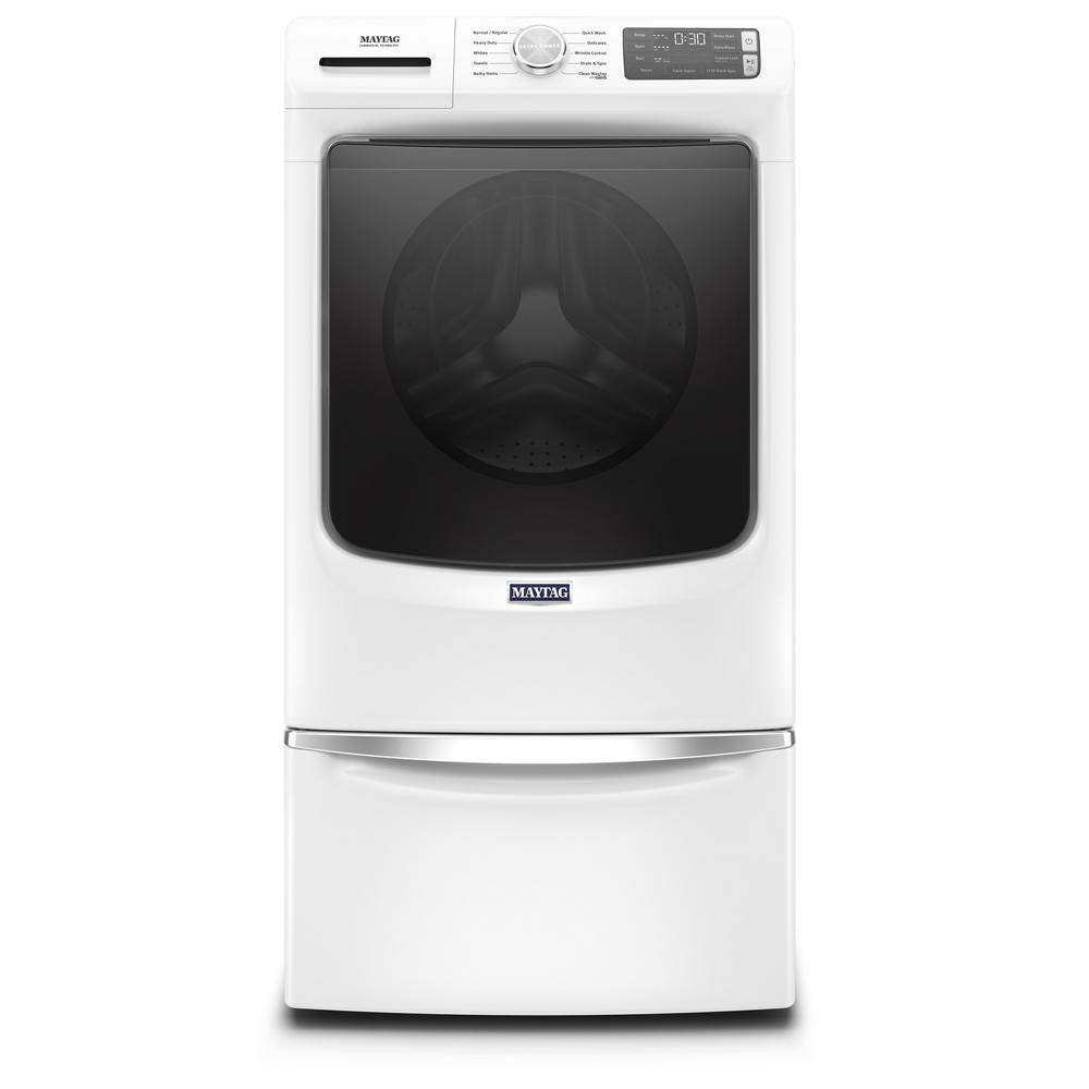 White front load washer with large tinted door, digital control panel, and stain-fighting extra power feature in Appliances collection