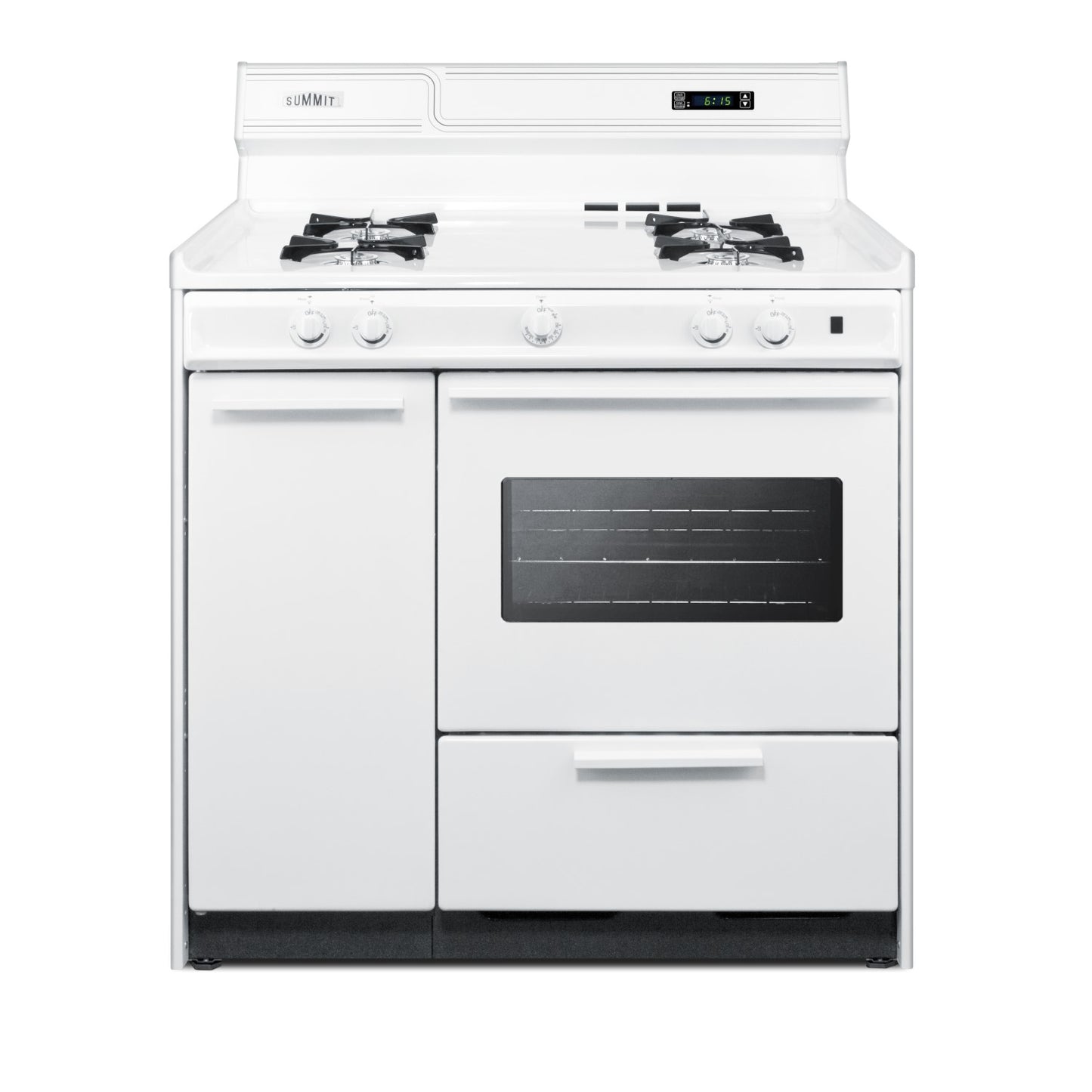 White 36-inch wide gas range with four burners, oven window, and digital control in kitchen appliance collection