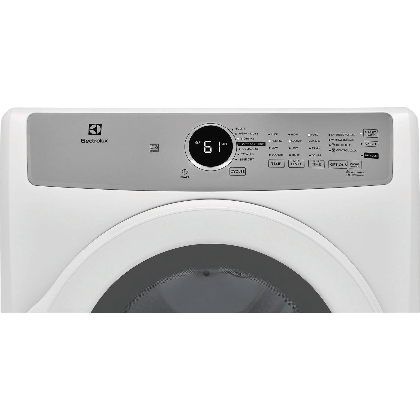 Top control panel and round door of a white front load gas dryer from Dryers and Appliances collections
