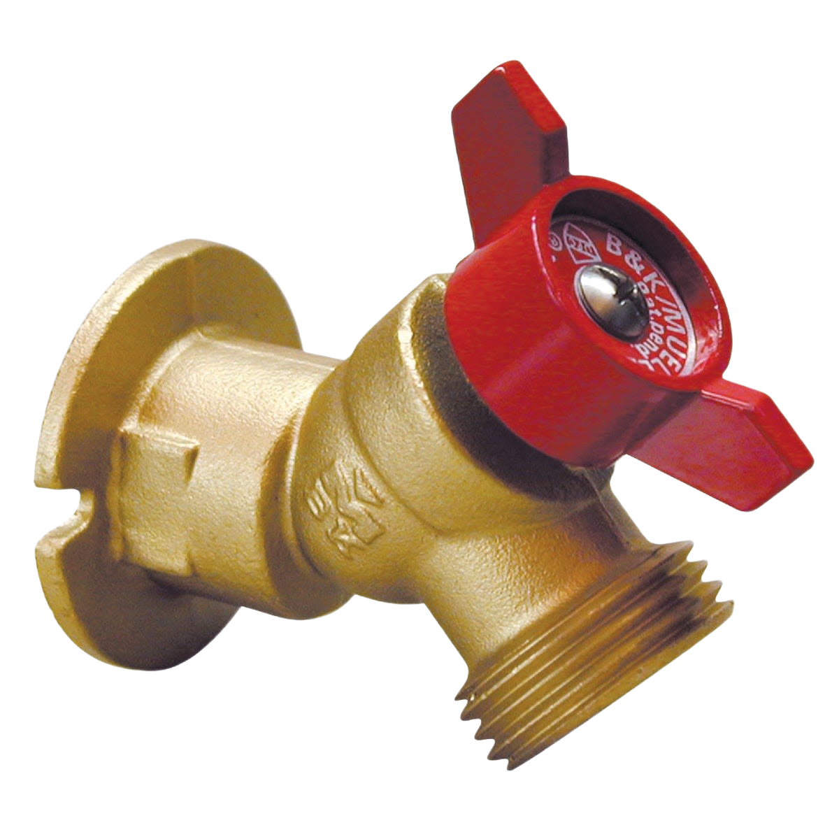 Brass quarter-turn sillcock with red wing handle for outdoor water connection in home improvement projects