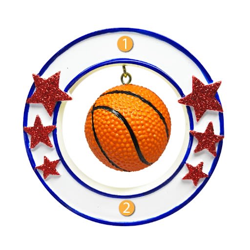 3D basketball ornament with red glitter stars hanging inside blue circular frame for Christmas decorations under $50 collection